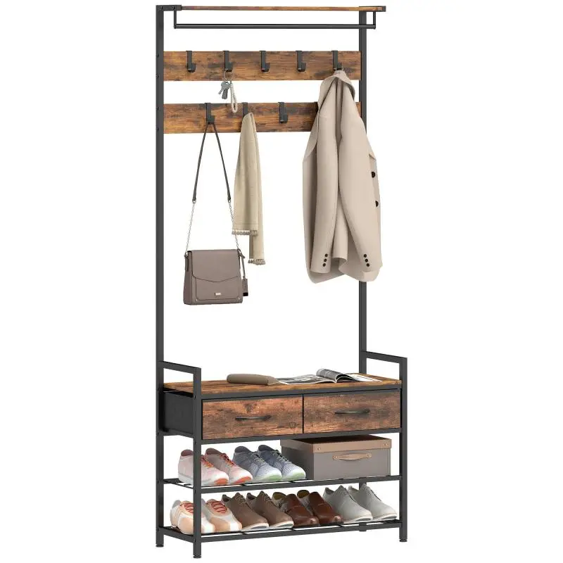 Coat rack with hooks, shoe bench, industrial entryway organizer, steel frame, rustic brown