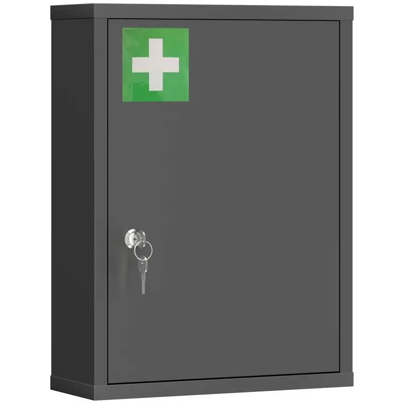 Three-tiered Black Steel Wall-mounted Medicine Cabinet with Lock, dimensions: 40 x 15 x 53.5 cm