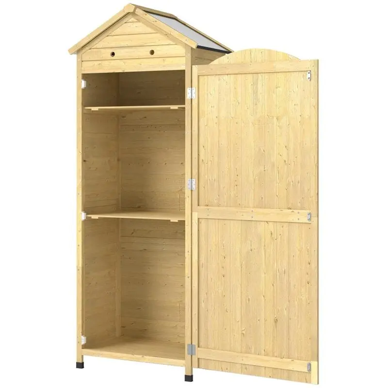 Wooden garden cabinet / extra-tall tool shed with adjustable shelf, magnetic door, galvanized roof, and ventilation.