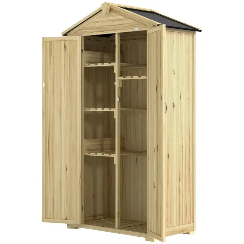 3-Door Garden Cabinet with 4 Shelves and Hooks, Fir Wood, 93x53x168 cm, Natural Wood Finish