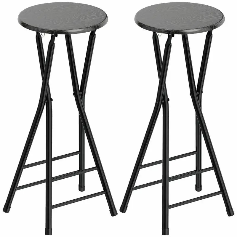 Set of 2 Folding Bar Stools with Double Footrest, Made of Wood and Steel, 34x30x70 cm, Black