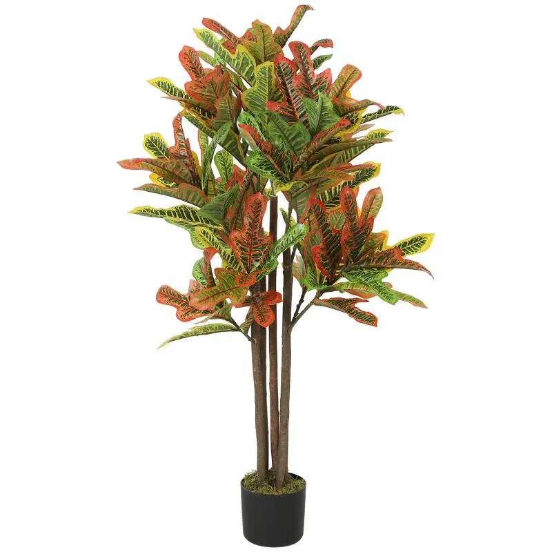 Multicolor Artificial Croton Plant (PEVA and Wood) with PP and Concrete Pot, 55x55x120 cm