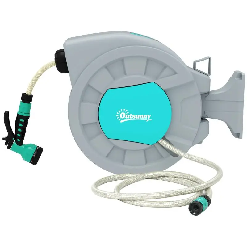 Wall-Mounted and Portable Automatic Hose Reel (25+2 m), Locking System and 7 Spray Patterns, Grey