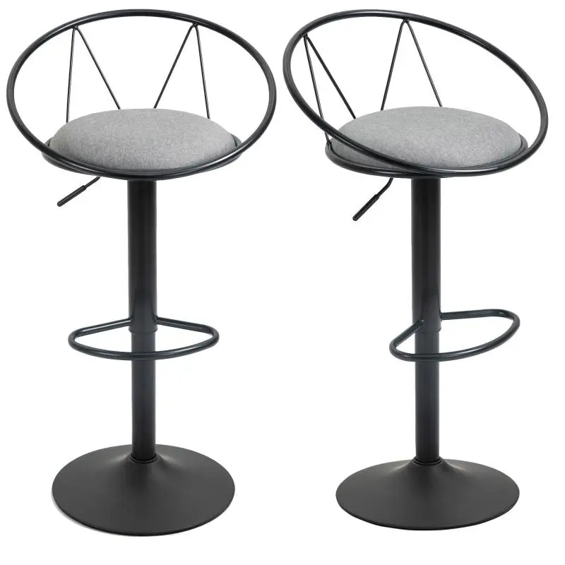Set of 2 Bar Stools with Backrest and Footrest, Adjustable Height and Padded Seat, Grey