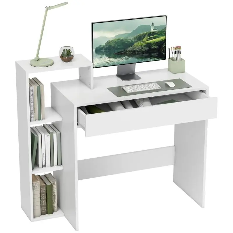 Modern PC Desk with 3 Open Shelves and Drawer, White Wood, 100x40x90 cm