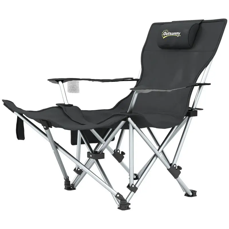 Foldable and Reclining Camping Chair with Removable Footrest, Headrest, and Cup Holder, Black