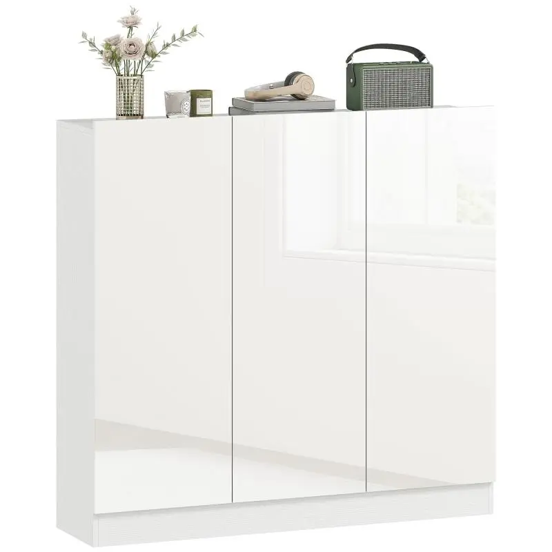 Slim Entryway Shoe Rack for 25-30 Pairs of Shoes with Soft-Close Doors, Glossy White