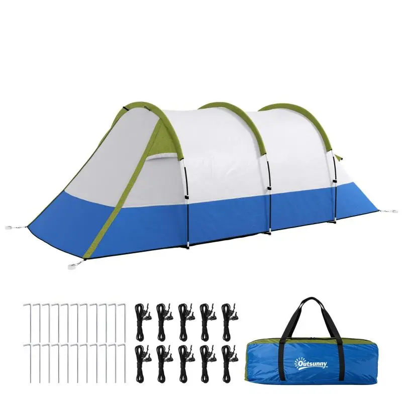 Waterproof Camping Tent with 2 Areas and 3 Entrances, Polyester and Fiberglass, 420x200x150 cm, Green