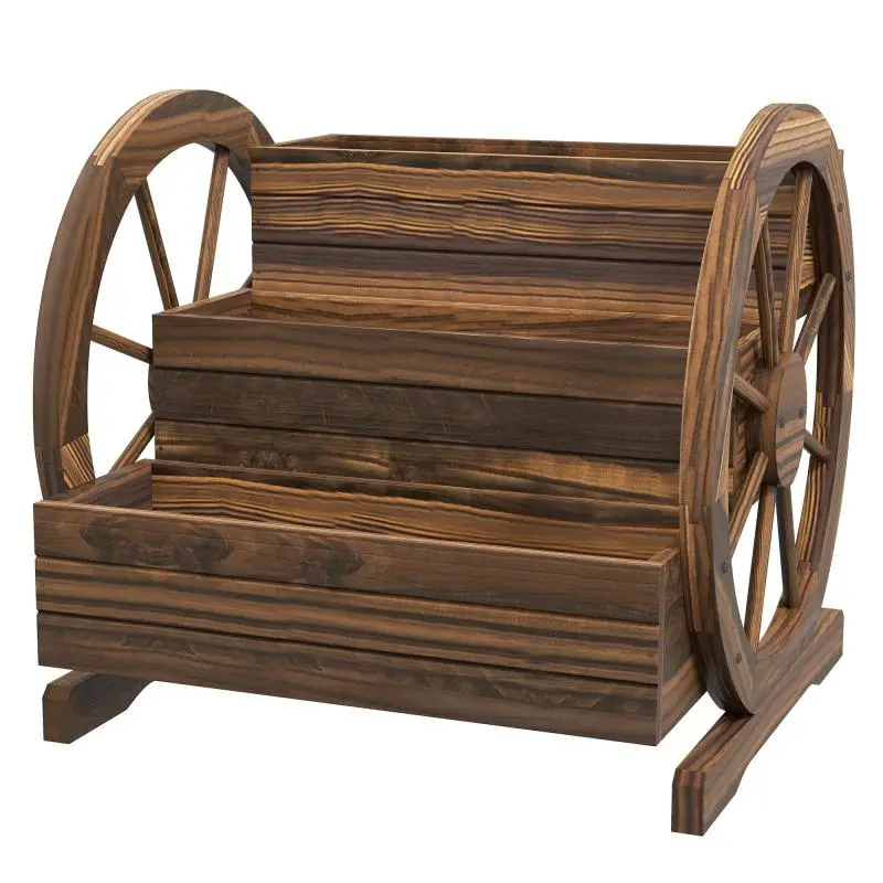 3-Tier Outdoor Planter with Decorative Wheels, Made of Carbonized Fir Wood, 62x61x57 cm
