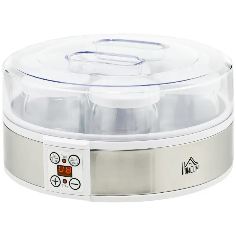1.5L 20W Yogurt Maker with 7 Jars and Button Display, Stainless Steel and Plastic, 24x24x13 cm, White