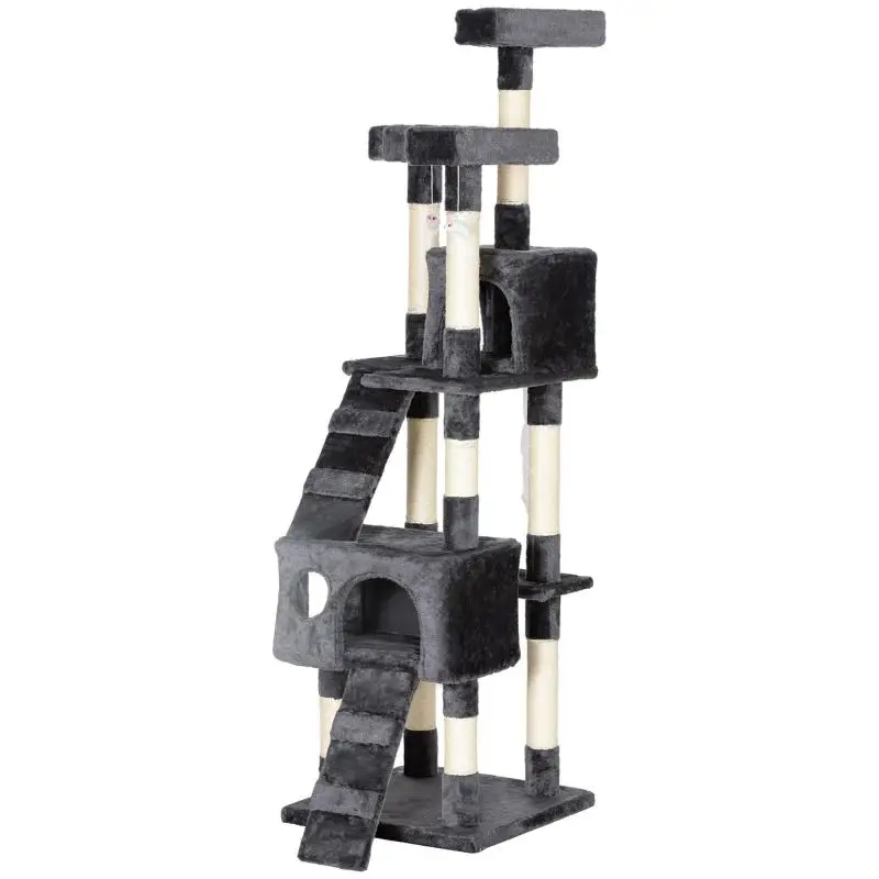 Cat Scratching Tree with 3 Perches, 2 Cat Houses, and Hanging Toys – Wood and Plush, 49x49x173 cm, Grey
