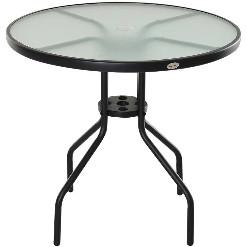 Garden Table with Tempered Glass Top and Parasol Hole, Steel, Ø80 x 72 cm, Black