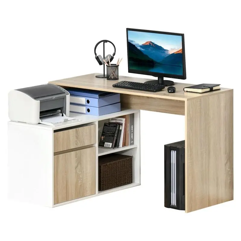 Corner Desk, Computer Desk for Bedroom or Office, Space-Saving Wooden Desk, Oak and White