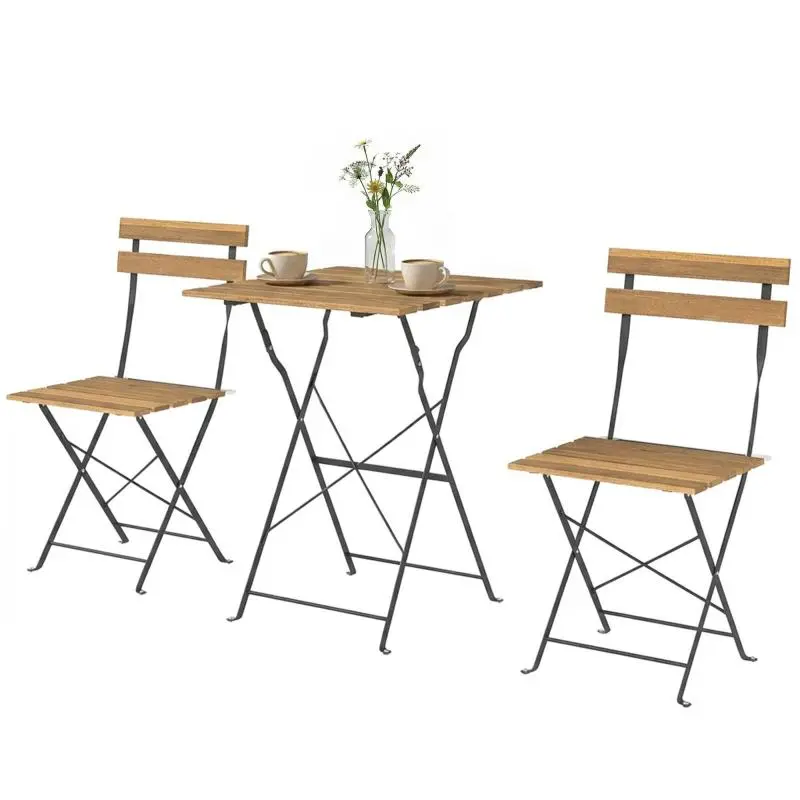 3-Piece Bistro Garden Set, 2 Folding Chairs, Square Acacia Wood Table, 55x55x71cm, Natural