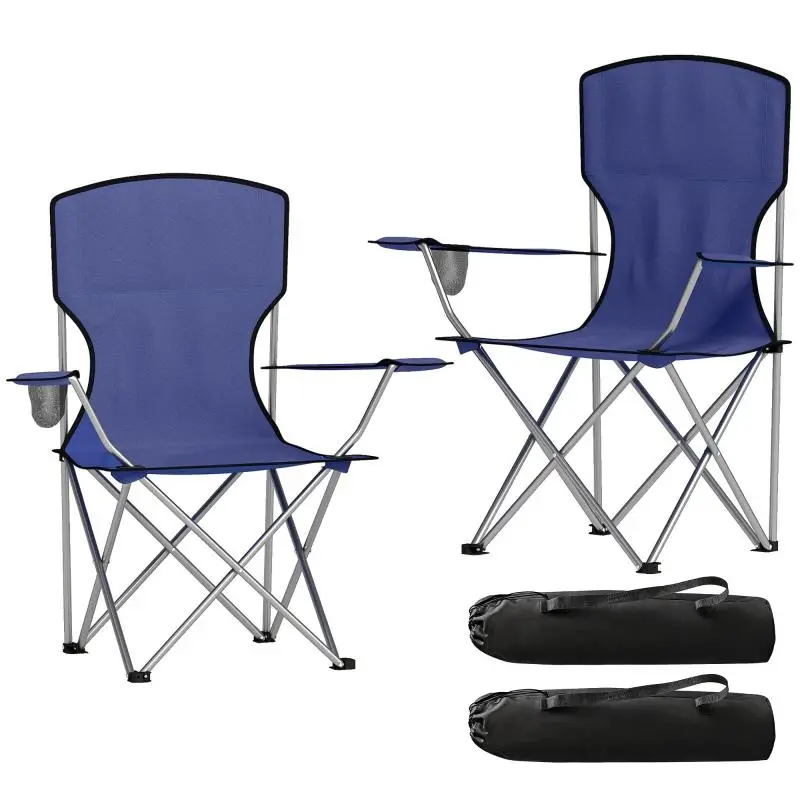 Set of 2 Folding Camping Chairs with Cup Holder, Carry Bag, High Back, 88x57x97cm, Dark Blue