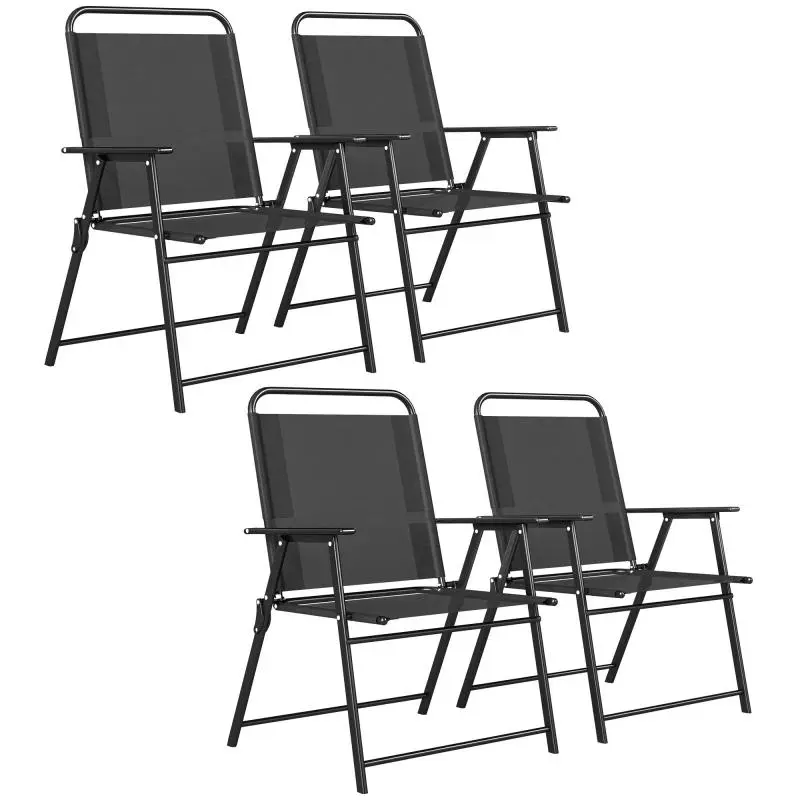 Set of 4 folding garden chairs with armrests, outdoor chairs with wide Textilene seats, black