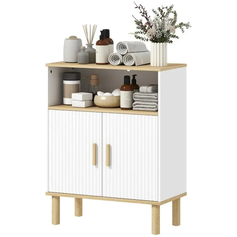 Bathroom cabinet, storage unit with 2 doors, open compartment, adjustable shelf, 60 x 29.5 x 76.5 cm, white