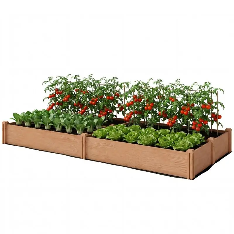 Wooden Raised Garden Bed – 4 Planting Zones, Open Bottom, Tool-Free Assembly, 234 x 109 x 25 cm, Light Brown