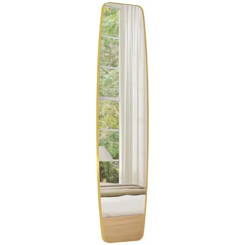 Large oval wall mirror 160 x 40 cm, modern hanging mirror, metal and wood frame, ready to hang, gold