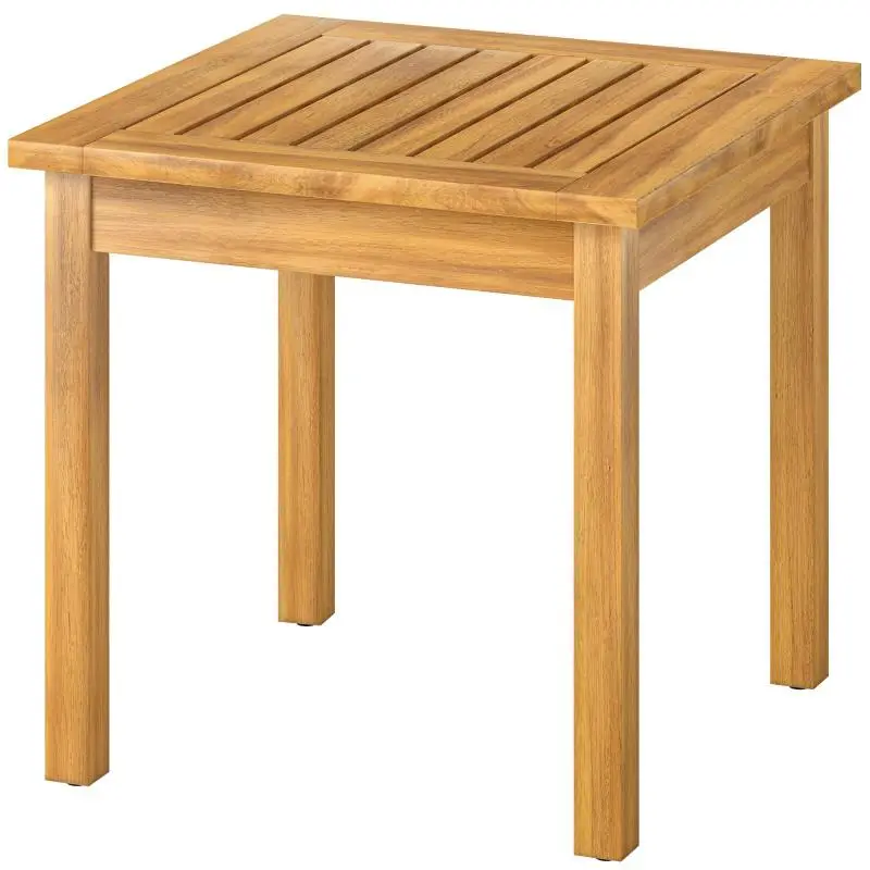 Square Solid Acacia Wood Garden Coffee Table with Slatted Top and Adjustable Feet, 48x48x46cm, Natural