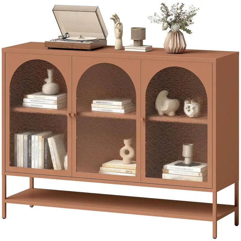 Living room sideboard/storage unit with 3 arched glass doors and an open shelf, 140 x 40 x 105 cm, rust finish