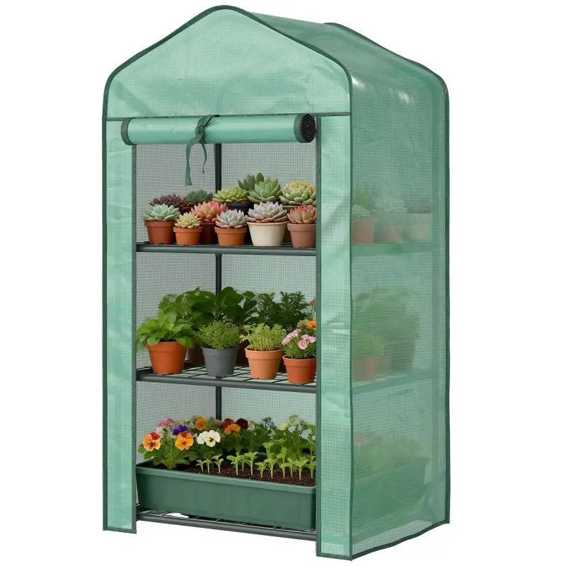 Garden greenhouse with 3-tier shelves, balcony greenhouse, reinforced PE cover, steel frame, 59 x 39 x 127 cm, green