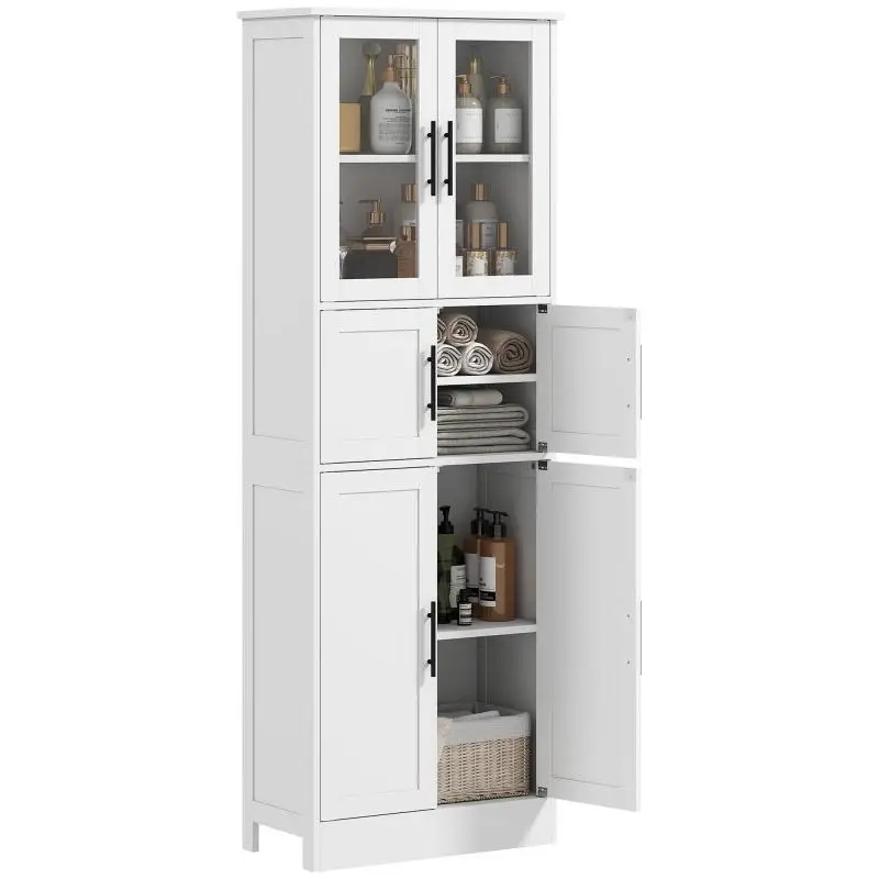 Bathroom storage unit, 6-tier cabinet, 6 doors (including 2 glass-fronted), adjustable shelves, 60x30x170cm, white