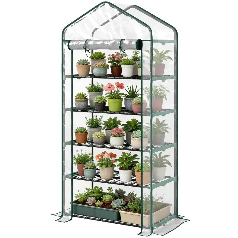 PVC garden greenhouse with 5-tier shelves, balcony greenhouse, steel frame, zippered door, 90x49x193cm, transparent