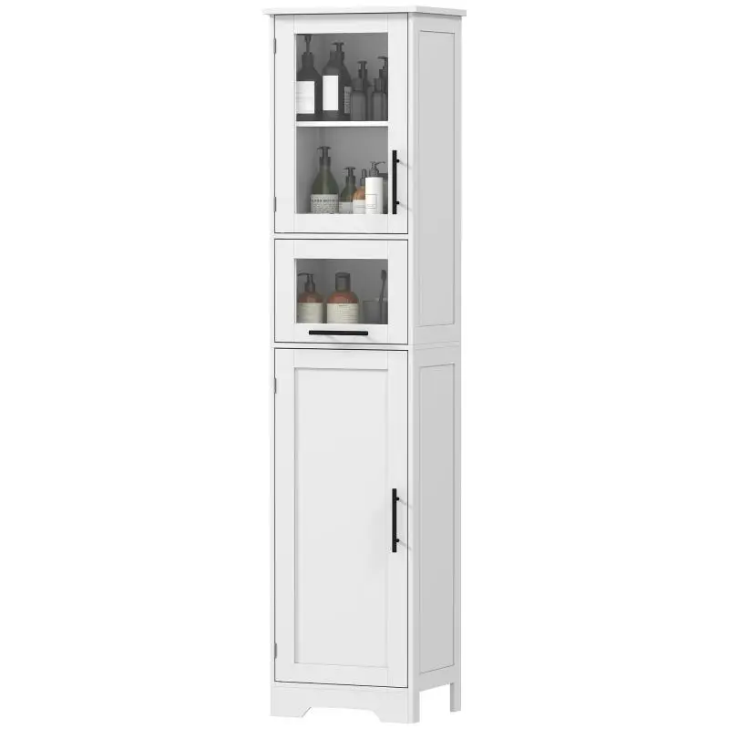 Bathroom tall cabinet, storage unit with drawer, 2 doors and adjustable shelf, 40 x 31 x 170 cm, white