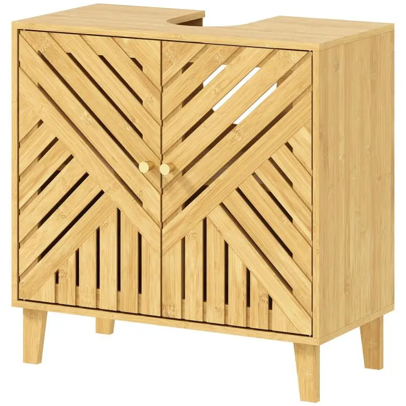 Under-sink cabinet, bamboo bathroom cabinet with adjustable shelf and slatted doors, 60 x 30 x 60 cm, natural