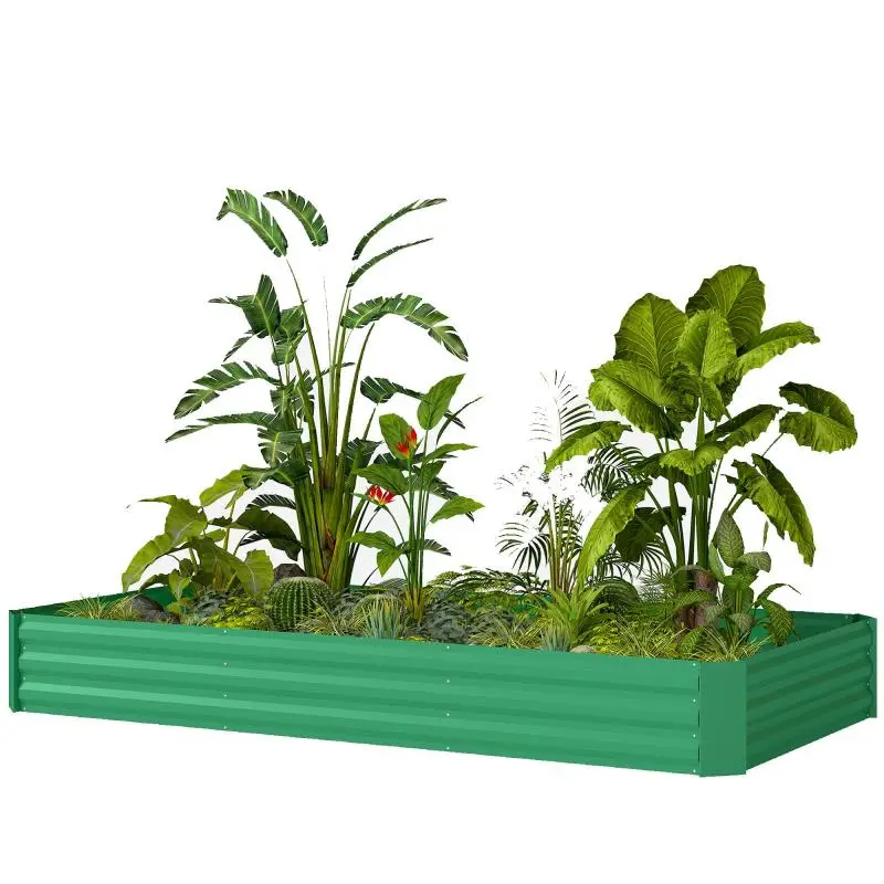Galvanized square outdoor garden planter with safety edging and open bottom, 240 x 120 x 30 cm, green