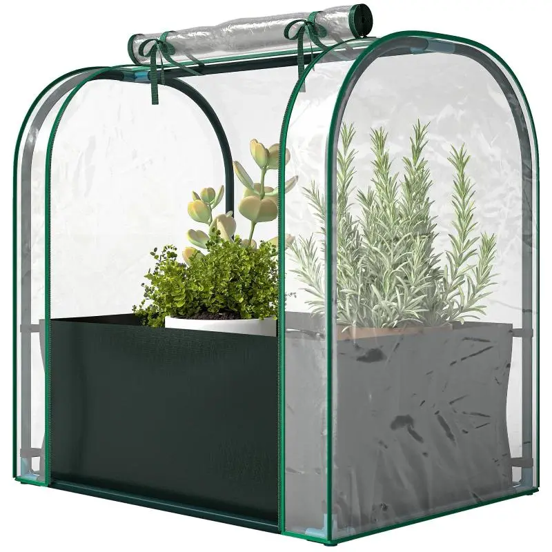 Mini Greenhouse with Planting Bag, Portable Greenhouse with Roll-up Door, 68 x 50 x 70 cm, Dark Green