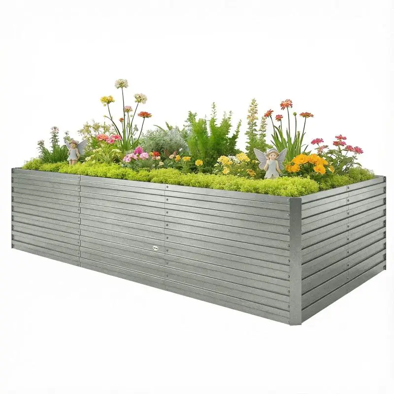 Outdoor planter, galvanized raised garden bed with safety edge and open bottom, 240 x 120 x 60 cm, silver-grey