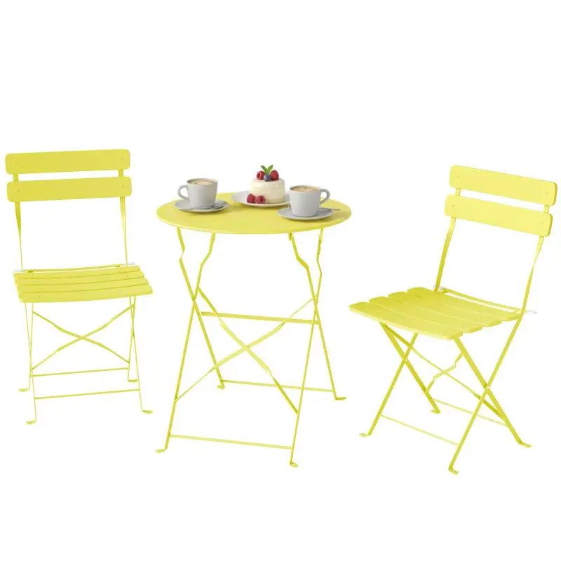 3-Piece Garden Bistro Set: Table and 2 Slatted Folding Chairs – Double Anti-Rust Protection – Yellow
