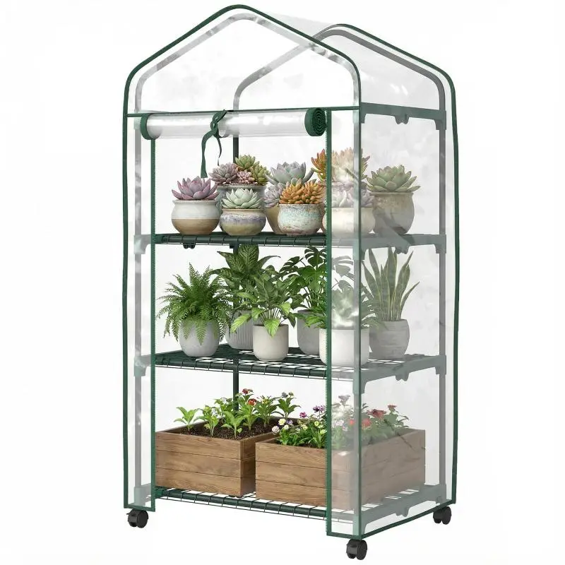 Mini garden greenhouse with 3 shelves, high-density PVC cover, roll-up door, and 4 casters