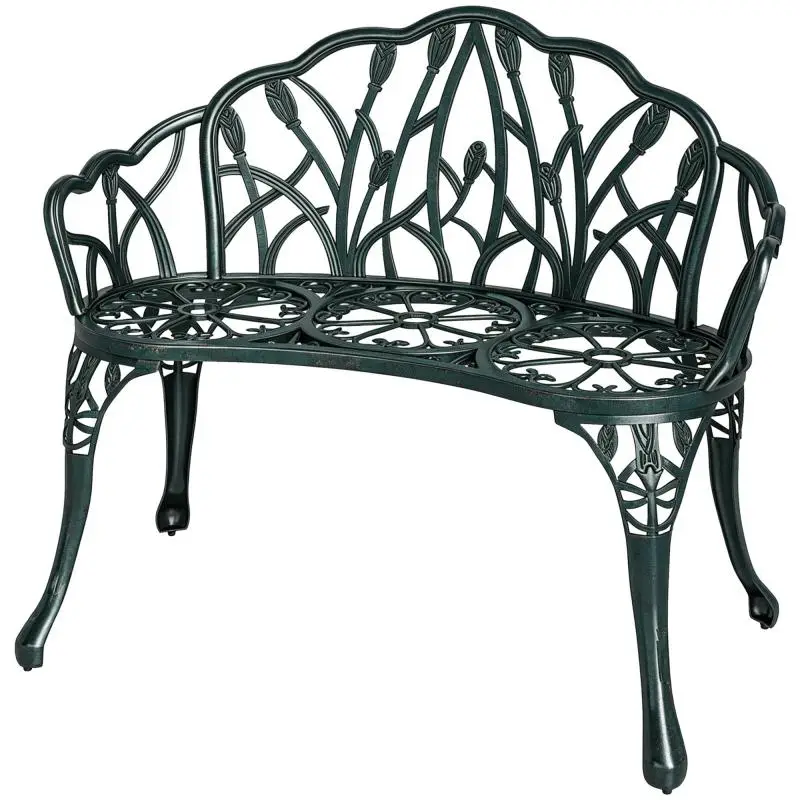 Cast aluminum garden bench, 2-seater outdoor bench with tulip backrest and floral seat design, 99x57x78cm, antique green
