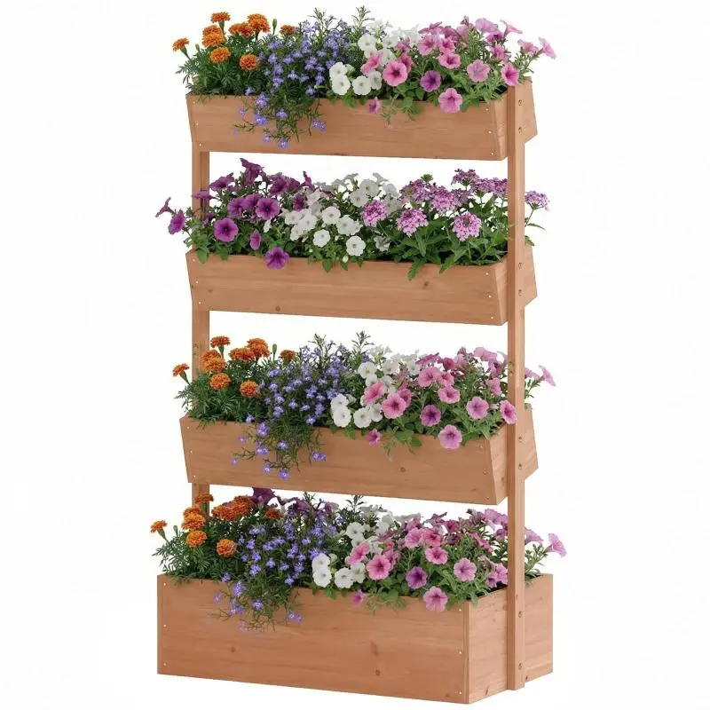 4-Tier Wooden Raised Garden Bed with Drainage Holes and Planting Liner, Dimensions: 85 x 45 x 140 cm, Brown