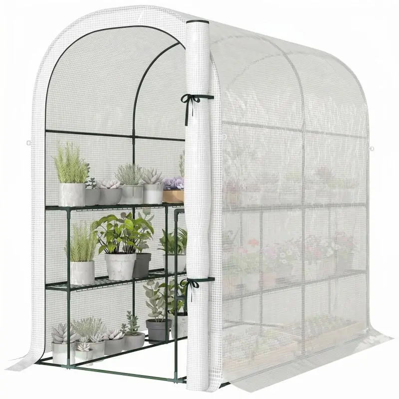 Garden greenhouse with shelves, 123x187x189 cm, small greenhouse with roll-up door, high-density 140 g/ square meter PE cover, white