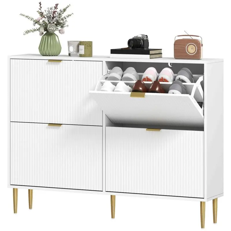 20-pair shoe cabinet with 4 tilt-out compartments, fluted doors, and adjustable shelves, 105x24x91.5 cm, white