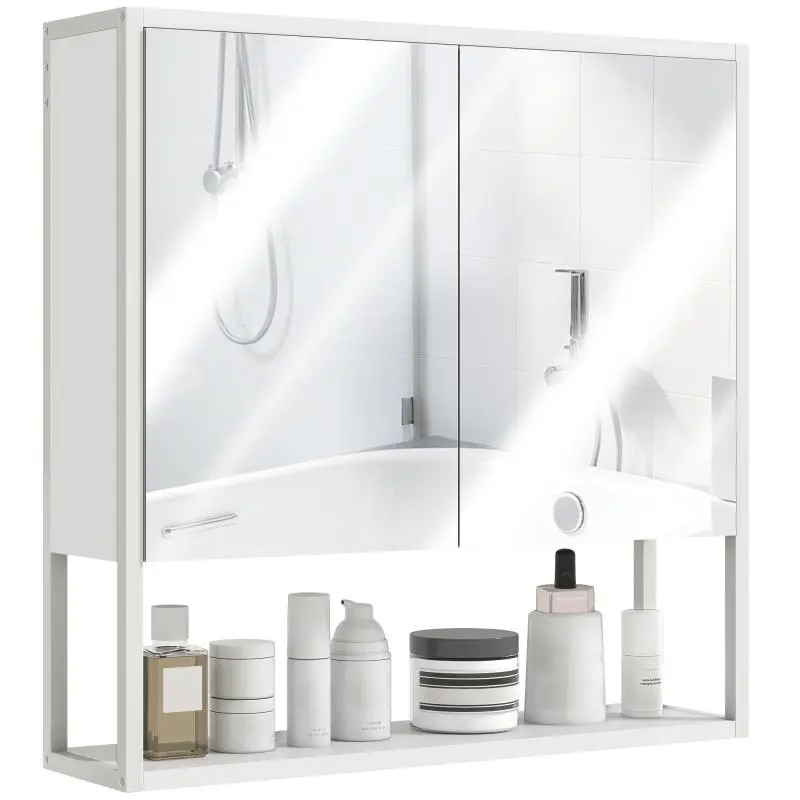Wall-mounted bathroom cabinet with mirror, 2 mirrored doors, open shelf, 60 x 16 x 60 cm, white