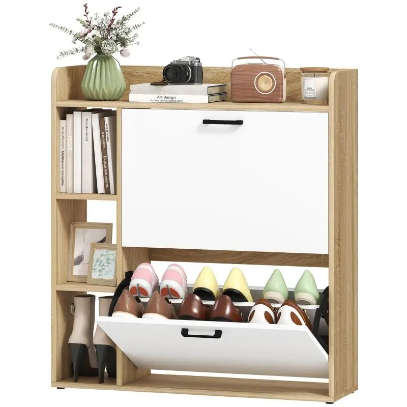 15-pair shoe cabinet, modern shoe storage unit with 2 tilt-out drawers, 83x24x90.5 cm, natural wood effect