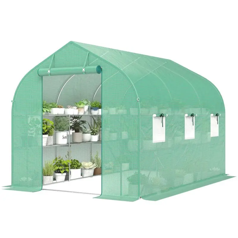 6 square meter garden tunnel greenhouse, garden greenhouse with shelves, door, and 6 windows, galvanized steel frame, green