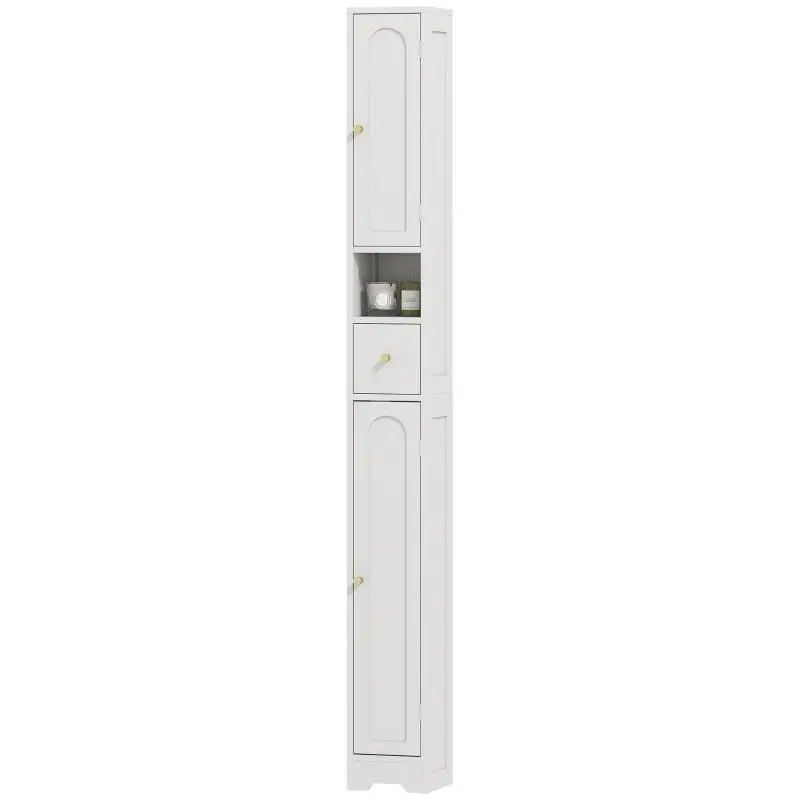 Bathroom tall cabinet, storage unit, 2 doors, drawer, open compartment, adjustable shelf, white