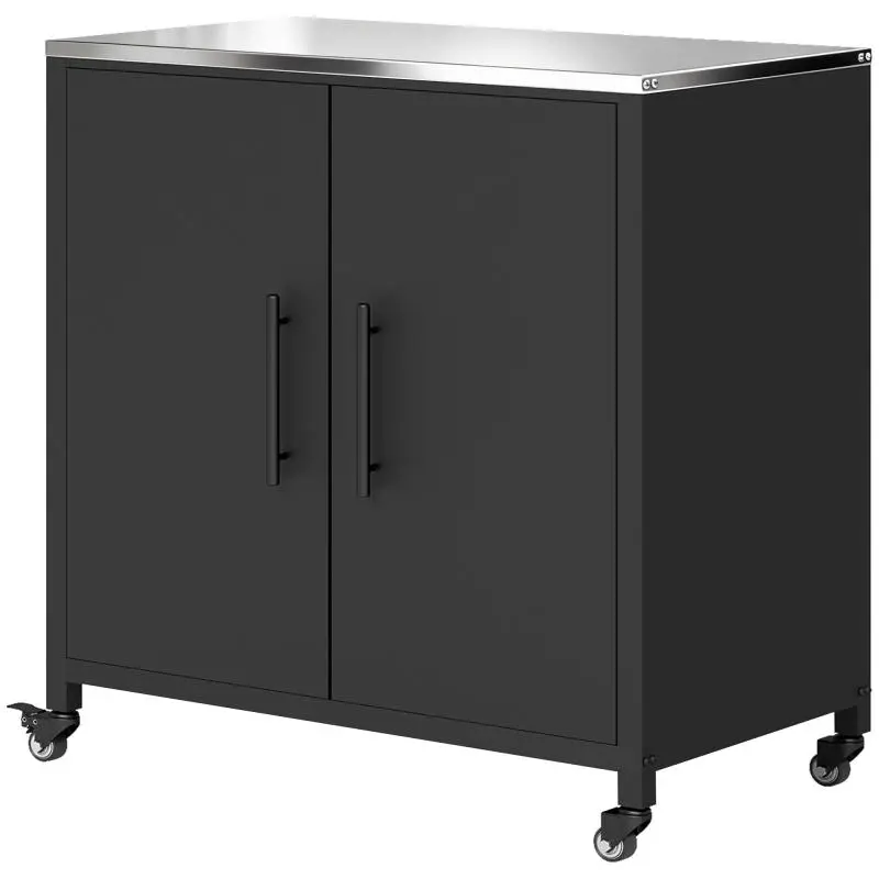 Metal Garden Cabinet, Outdoor Storage Cabinet, Stainless Steel Roof and Casters, Black