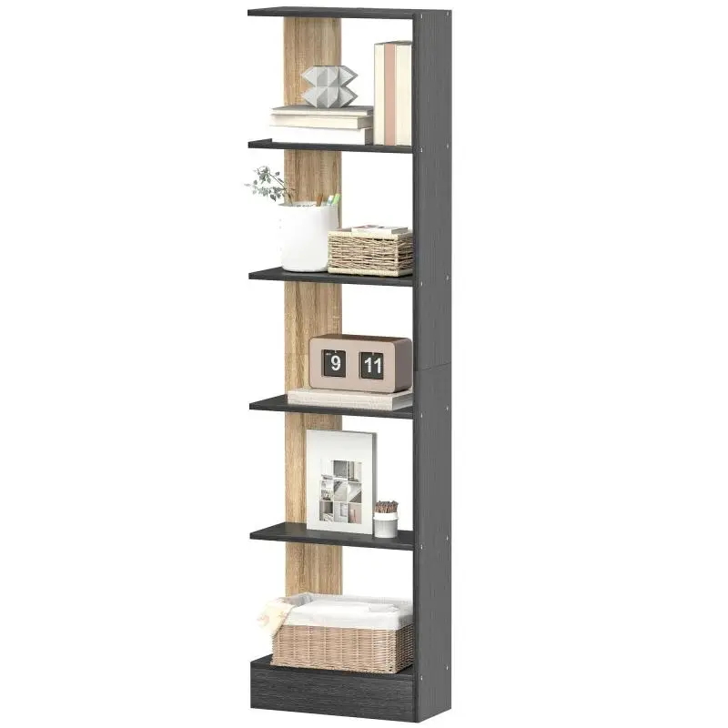 Storage Bookshelf with 5 Open Compartments 45 x 21 x 170 cm Black and Oak
