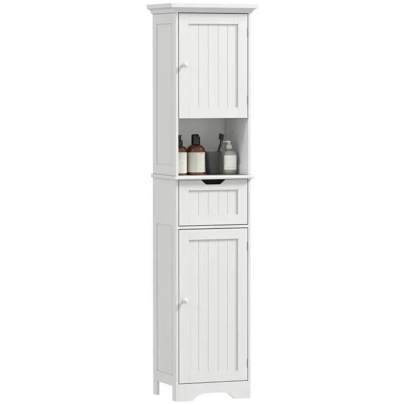 Tall bathroom cabinet with LED lighting, narrow storage unit, drawer, 2 doors, 40x30x170cm, white