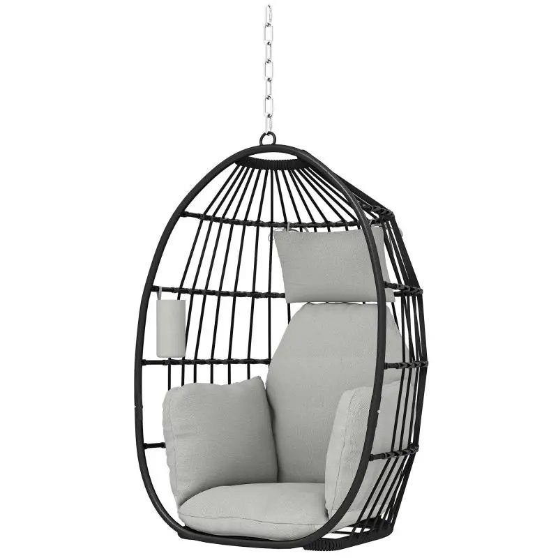 Hanging chair, hanging egg chair, foldable basket, padded cushions, cup holder, pillow, dark gray