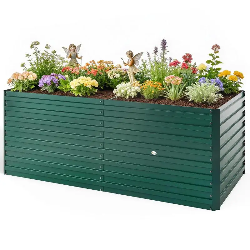 Rectangular galvanized raised garden bed for outdoor use - open bottom - 160 x 80 x 60 cm, green