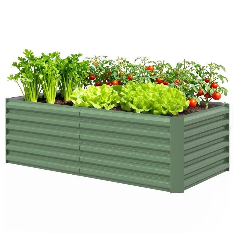 Raised planter in galvanized steel, garden bed with open bottom, 180 x 90 x 57.5 cm, light green
