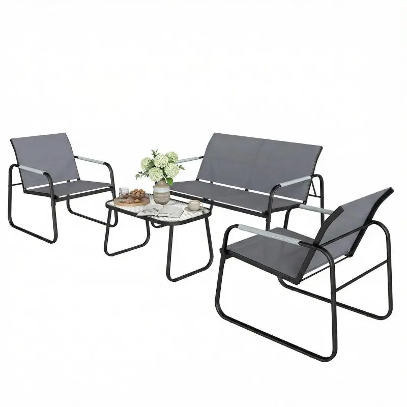 4-Piece Steel and Textilene Patio Set with Braided Rope Armrests – Grey